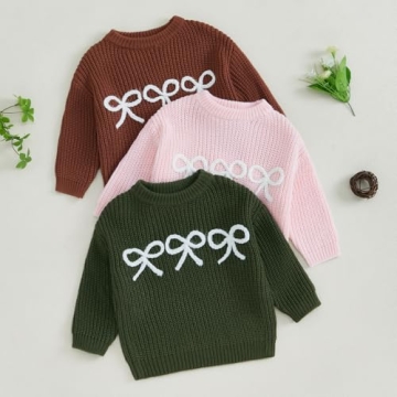 Stylish Toddler Baby Girl Knit Sweater with Bow Embroidery