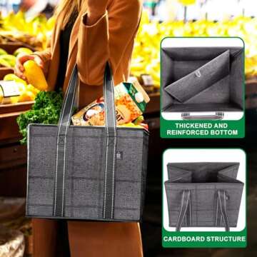 VENO 3 Pack Reusable Grocery Bags, Shopping Bags for groceries, Utility Tote with Handles and Hard B...