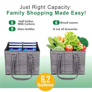 VENO 3 Pack Reusable Grocery Bags, Shopping Bags for groceries, Utility Tote with Handles and Hard Bottom, Foldable Shopping Cart Organizer, Multi-Purpose, Heavy-Duty (Windowpane, 6 Gallon-3 Pack)