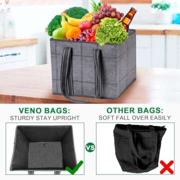 VENO 3 Pack Reusable Grocery Bags, Shopping Bags for groceries, Utility Tote with Handles and Hard Bottom, Foldable Shopping Cart Organizer, Multi-Purpose, Heavy-Duty (Windowpane, 6 Gallon-3 Pack)