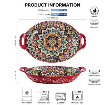 Henten Home Ceramic Pasta Plates with Handle, Porcelain Floral Salad Plates Set of 4, 32 oz Large Bo...