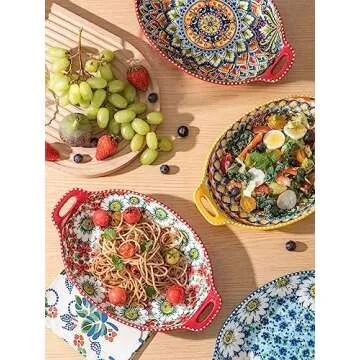 Henten Home Ceramic Pasta Plates with Handle, Porcelain Floral Salad Plates Set of 4, 32 oz Large Bohemia Serving Dish, for Dinner, Steak, Fruit, Microwave & Dishwasher Safe