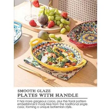 Henten Home Ceramic Pasta Plates with Handle, Porcelain Floral Salad Plates Set of 4, 32 oz Large Bohemia Serving Dish, for Dinner, Steak, Fruit, Microwave & Dishwasher Safe