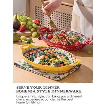 Henten Home Ceramic Pasta Plates with Handle, Porcelain Floral Salad Plates Set of 4, 32 oz Large Bohemia Serving Dish, for Dinner, Steak, Fruit, Microwave & Dishwasher Safe