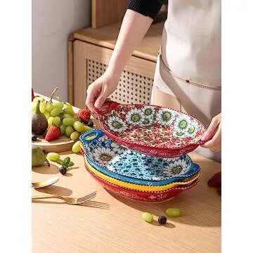 Henten Home Ceramic Pasta Plates with Handle, Porcelain Floral Salad Plates Set of 4, 32 oz Large Bohemia Serving Dish, for Dinner, Steak, Fruit, Microwave & Dishwasher Safe