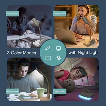 NovoLido LED Desk Lamp with Adapter, Rechargeable Desk Lamp with USB Charging Port, Pen Holder, 4 Color Modes, Flexible Portable Bedside Table Lamp for Kids/Home/Office/Dorm Reading Studying (White)