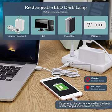 NovoLido LED Desk Lamp with Adapter, Rechargeable Desk Lamp with USB Charging Port, Pen Holder, 4 Color Modes, Flexible Portable Bedside Table Lamp for Kids/Home/Office/Dorm Reading Studying (White)
