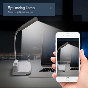 NovoLido LED Desk Lamp with Adapter, Rechargeable Desk Lamp with USB Charging Port, Pen Holder, 4 Color Modes, Flexible Portable Bedside Table Lamp for Kids/Home/Office/Dorm Reading Studying (White)