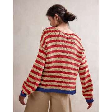 Eutten Womens Oversized Striped Sweater Color Block V Neck Knit Pullover Casual Drop Shoulder Long S...