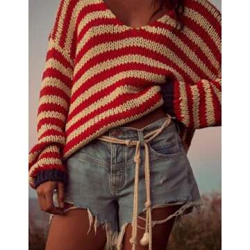 Eutten Womens Oversized Striped Sweater Color Block V Neck Knit Pullover Casual Drop Shoulder Long Sleeve Fall Sweaters Top Red