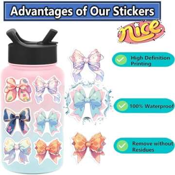 Bows Aesthetic Stickers for Girls, 50PCS Vintage Anime Bow-Knot Stickers, Vinyl Waterproof Pink Bows Stickers for Water Bottle Laptop Scrapbook Journal, Gifts for Kids Teens Women