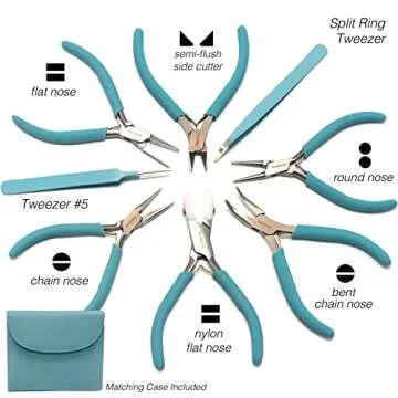 The Beadsmith Fashion Color Pliers – Set of 8 Slimline Color-Coordinated Tools – Matching Clutch in Light Blue – Jewelry Making Supply Kit to Create Necklaces, Bracelets, Earrings & More