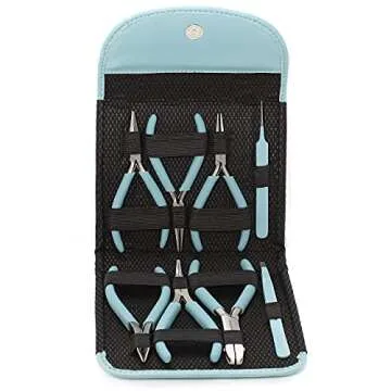 The Beadsmith Fashion Color Pliers – Set of 8 Slimline Color-Coordinated Tools – Matching Clutch in Light Blue – Jewelry Making Supply Kit to Create Necklaces, Bracelets, Earrings & More