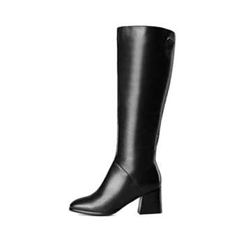 TinaCus Genuine Leather Women's Square Toe Mid Chunky Heel Handmade Side Zip Up Knee High Boots (black, US10.5)