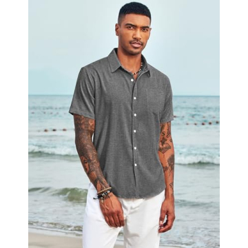 Stylish COOFANDY Chambray Oxford Short Sleeve Shirt