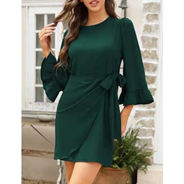 Women's Ruched Side Tie Body Con Dress Christmas 3/4 Flare Flounce Sleeve Round Neck Wear to Work Of...