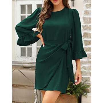 Women's Ruched Side Tie Body Con Dress Christmas 3/4 Flare Flounce Sleeve Round Neck Wear to Work Office Tight Mini Dress Formal Modest Wedding Guest Dress Emerald Dark Green Medium