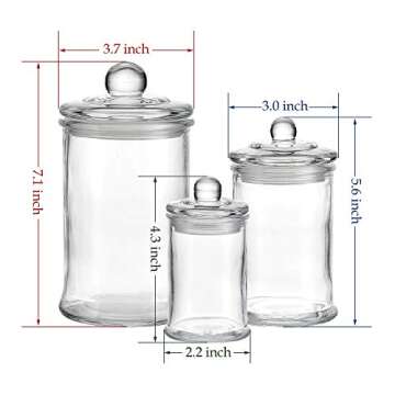 KMWARES 3PCs Set Small Mini Clear Glass Premium Quality Apothecary Jars/Bathroom Storage/Vanity Orga...