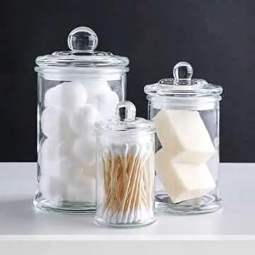KMWARES 3PCs Set Small Mini Clear Glass Premium Quality Apothecary Jars/Bathroom Storage/Vanity Organizer Canisters for Cotton Balls/Swabs, Makeup Sponges, Bath Salts, Q-Tips (3Jar)