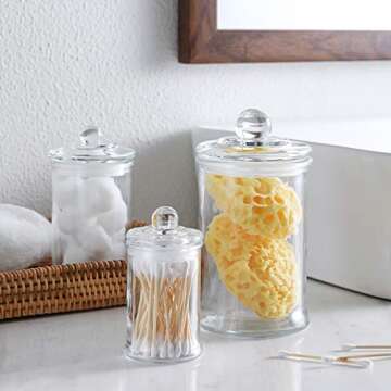 KMWARES 3PCs Set Small Mini Clear Glass Premium Quality Apothecary Jars/Bathroom Storage/Vanity Organizer Canisters for Cotton Balls/Swabs, Makeup Sponges, Bath Salts, Q-Tips (3Jar)