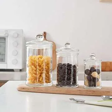 KMWARES 3PCs Set Small Mini Clear Glass Premium Quality Apothecary Jars/Bathroom Storage/Vanity Organizer Canisters for Cotton Balls/Swabs, Makeup Sponges, Bath Salts, Q-Tips (3Jar)