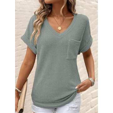 Dokotoo Waffle Knit Tops for Women - Stylish V Neck Short Sleeve Shirts, Perfect for Casual and Busi...
