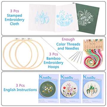 3 Pack Embroidery Starter Kit with Pattern, Kissbuty Full Range of Stamped Embroidery Kit Including ...