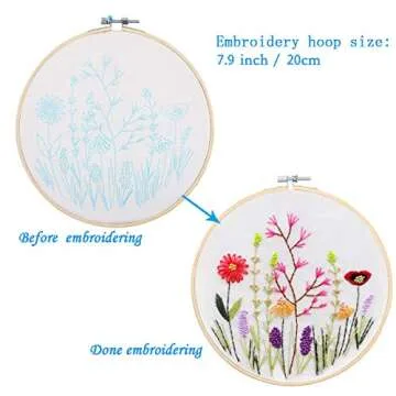 3 Pack Embroidery Starter Kit with Pattern, Kissbuty Full Range of Stamped Embroidery Kit Including Embroidery Fabric with Pattern, Bamboo Embroidery Hoops, Color Threads and Tools Kit (Floral Plants)