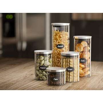Glass food Storage Canisters, Set of 5 Jars with Stainless Steel Lids, Spice Containers for Kitchen ...