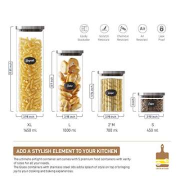 Glass food Storage Canisters, Set of 5 Jars with Stainless Steel Lids, Spice Containers for Kitchen & Pantry Organizations, Clear Glass cereal Rice container storage