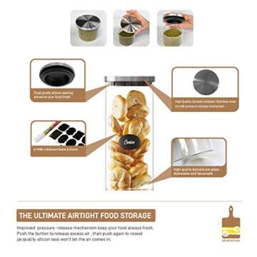 Glass food Storage Canisters, Set of 5 Jars with Stainless Steel Lids, Spice Containers for Kitchen & Pantry Organizations, Clear Glass cereal Rice container storage