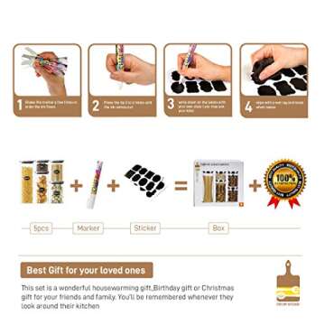 Glass food Storage Canisters, Set of 5 Jars with Stainless Steel Lids, Spice Containers for Kitchen & Pantry Organizations, Clear Glass cereal Rice container storage