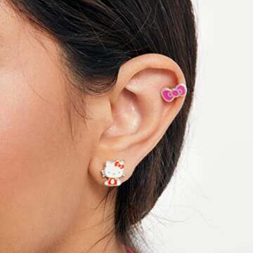 Sanrio Hello Kitty Stud Earrings Set 3-Piece - Silver Plated and Enamel Hello Kitty Earrings Officially Licensed