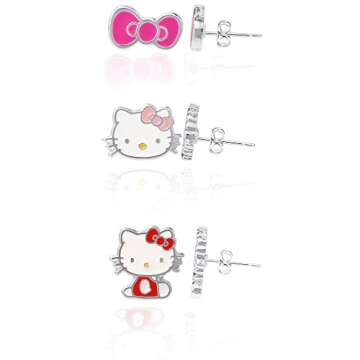Sanrio Hello Kitty Stud Earrings Set 3-Piece - Silver Plated and Enamel Hello Kitty Earrings Officially Licensed