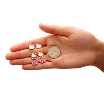 Sanrio Hello Kitty Stud Earrings Set 3-Piece - Silver Plated and Enamel Hello Kitty Earrings Officially Licensed