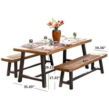 Christopher Knight Home Bowman Wood Outdoor Picnic Table Set | Perfect for Dining, Brown + Black Rustic Metal