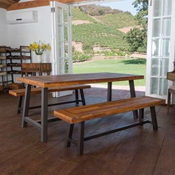 Christopher Knight Home Bowman Wood Outdoor Picnic Table Set | Perfect for Dining, Brown + Black Rustic Metal