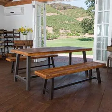 Christopher Knight Home Bowman Wood Outdoor Picnic Table Set | Perfect for Dining, Brown + Black Rustic Metal