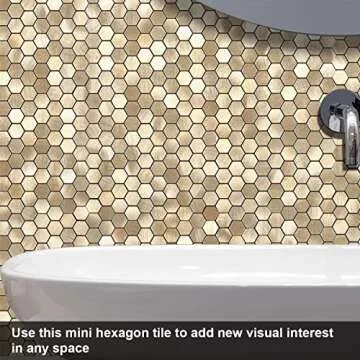 BeNice Peel and Stick Backsplash Kitchen Mosaic Tiles Penny Hexagon Small Metal Stickers(10PCS,Gold Champagne)
