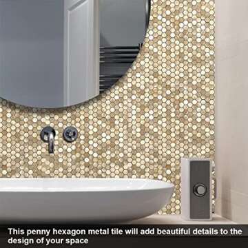 BeNice Peel and Stick Backsplash Kitchen Mosaic Tiles Penny Hexagon Small Metal Stickers(10PCS,Gold Champagne)