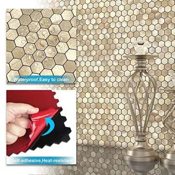 BeNice Peel and Stick Backsplash Kitchen Mosaic Tiles Penny Hexagon Small Metal Stickers(10PCS,Gold Champagne)