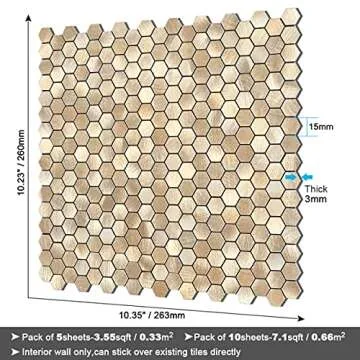 BeNice Peel and Stick Backsplash Kitchen Mosaic Tiles Penny Hexagon Small Metal Stickers(10PCS,Gold Champagne)