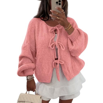 InterNos Women's Bow Tie Front Sweater Cardigan - Y2K Chunky Knit Outwear Coat (Pink)