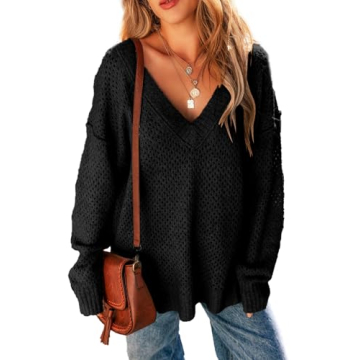 EVALESS Crochet Sweater for Women Fashion 2024 Hollow Out Ribbed Knit Tops Casual Long Sleeve V Neck...