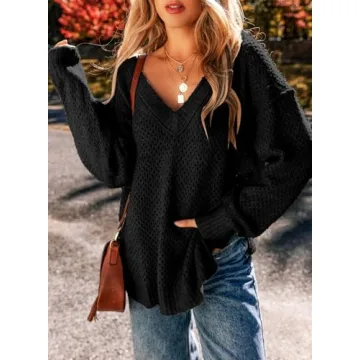 EVALESS Crochet Sweater for Women Fashion 2024 Hollow Out Ribbed Knit Tops Casual Long Sleeve V Neck Sweaters Pullover Jumper Outfits Black 1X