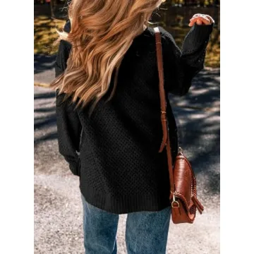 EVALESS Crochet Sweater for Women Fashion 2024 Hollow Out Ribbed Knit Tops Casual Long Sleeve V Neck Sweaters Pullover Jumper Outfits Black 1X