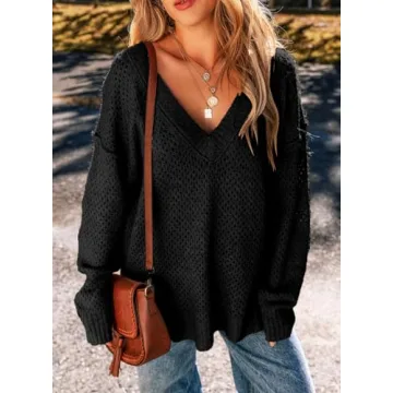 EVALESS Crochet Sweater for Women Fashion 2024 Hollow Out Ribbed Knit Tops Casual Long Sleeve V Neck Sweaters Pullover Jumper Outfits Black 1X