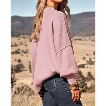 PRETTYGARDEN Woman Pullover Sweater 2025 Casual Oversized Blouses Dressy Drop Shoulder Lounge Wear Ribbed Knit Sweaters(Solid Pink,Small)