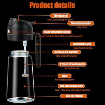 LUTITASD Oil Dispenser for Kitchen, 2 in 1 Oil Dispenser and Oil Sprayer, 470ml Glass Oil Sprayer for Cooking, Glass Oil Dispenser Spray Bottle for Air Fryer, Salad, BBQ(Black)