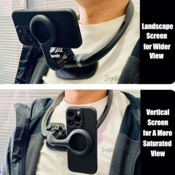 Cavabien Magnetic Neck Phone Holder, Neck Cell Phone Stand, POV/Vlog Selfie Mount, Hands-Free Phone Neck Holder, Chest Phone Stand Video Recording for iPhone 16 15 14 13 12 Series & Android, Black